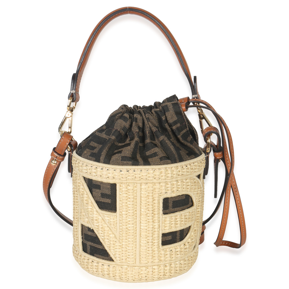 Fendi Beige Brown Raffia Zucca Canvas FF Step Out Bucket Bag